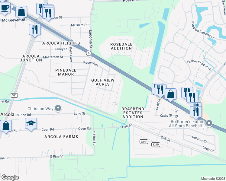 map of restaurants, bars, coffee shops, grocery stores, and more near 51 Texas Avenue in Rosharon