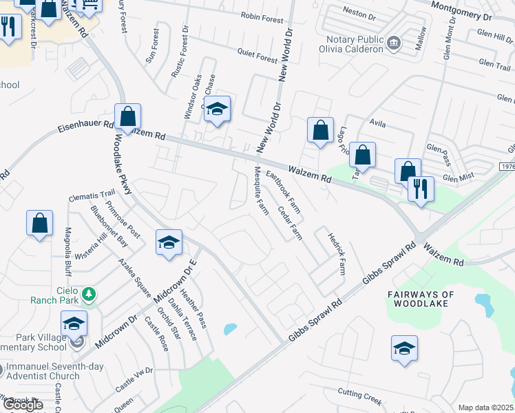 map of restaurants, bars, coffee shops, grocery stores, and more near 7735 Mesquite Farm in San Antonio