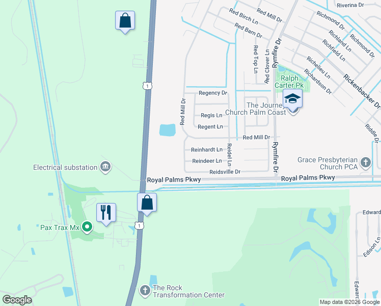 map of restaurants, bars, coffee shops, grocery stores, and more near 23 Reinhardt Lane in Palm Coast