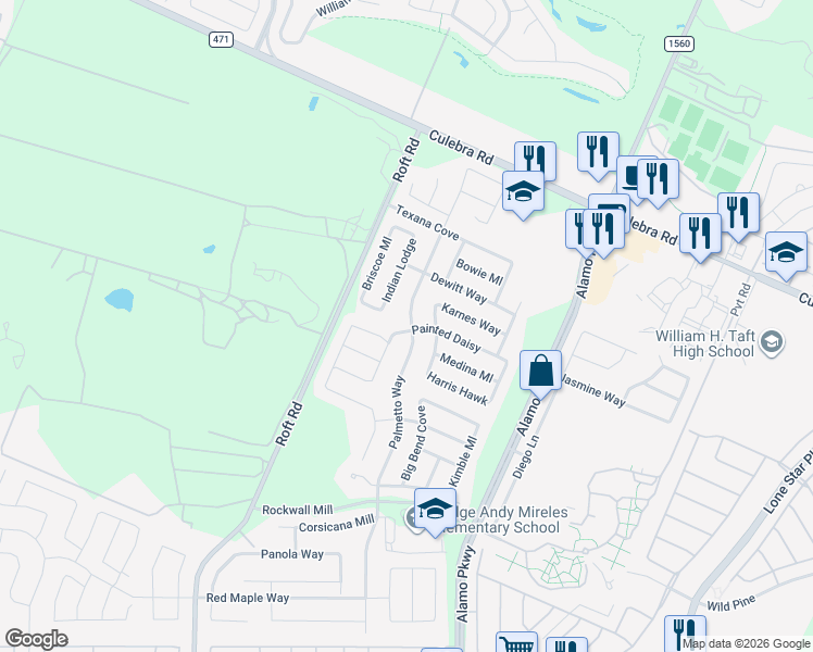 map of restaurants, bars, coffee shops, grocery stores, and more near 6303 Palmetto Way in San Antonio