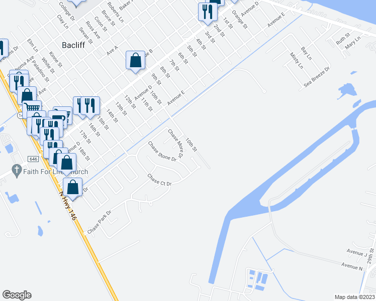 map of restaurants, bars, coffee shops, grocery stores, and more near 602 Chase More Court in Bacliff