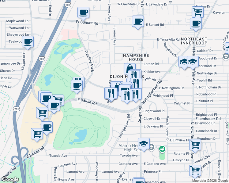 map of restaurants, bars, coffee shops, grocery stores, and more near 250 West Nottingham Drive in San Antonio