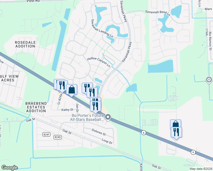 map of restaurants, bars, coffee shops, grocery stores, and more near 5736 Montclair Hill Ln in Rosharon