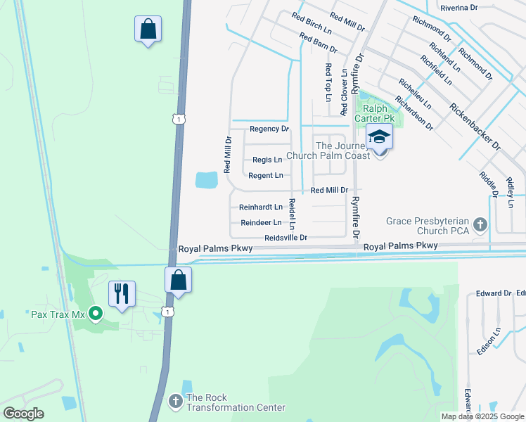 map of restaurants, bars, coffee shops, grocery stores, and more near 13 Reinhardt Ln in Palm Coast