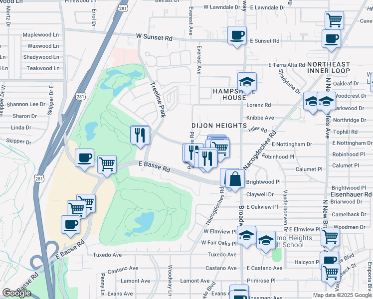 map of restaurants, bars, coffee shops, grocery stores, and more near in San Antonio