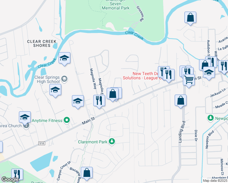 map of restaurants, bars, coffee shops, grocery stores, and more near 164 Greenridge Circle in League City