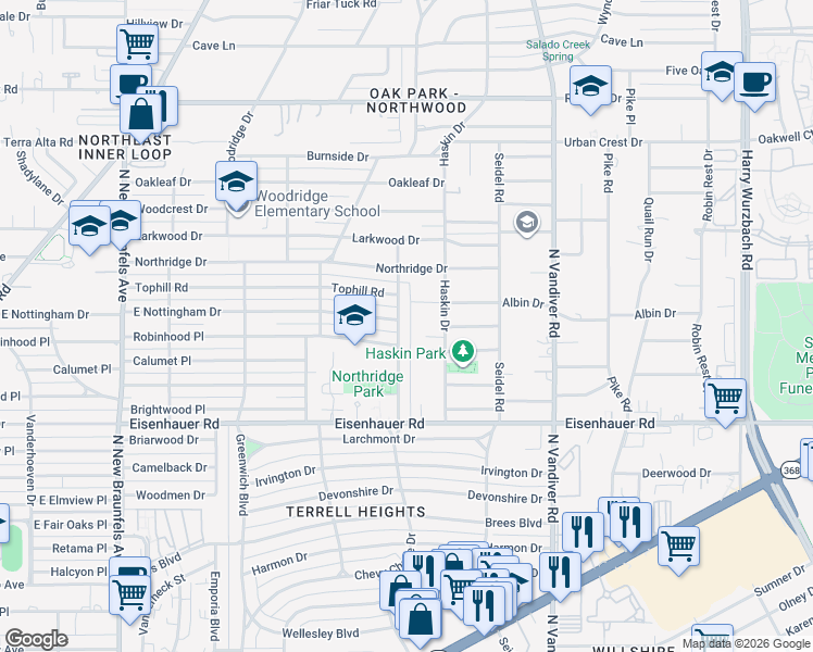 map of restaurants, bars, coffee shops, grocery stores, and more near 910 Chevy Chase Drive in San Antonio