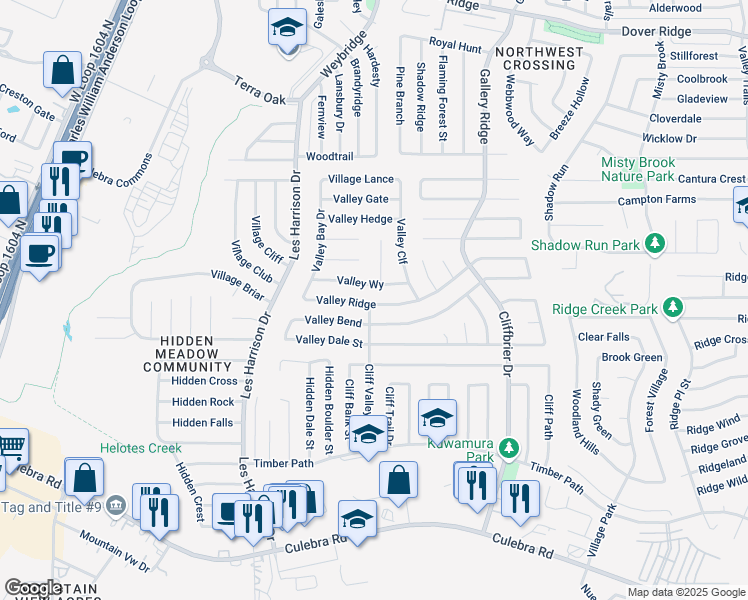 map of restaurants, bars, coffee shops, grocery stores, and more near 9339 Valley Ridge in San Antonio