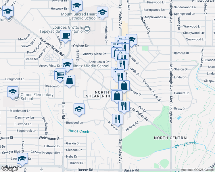map of restaurants, bars, coffee shops, grocery stores, and more near 515 Jackson Keller Road in San Antonio