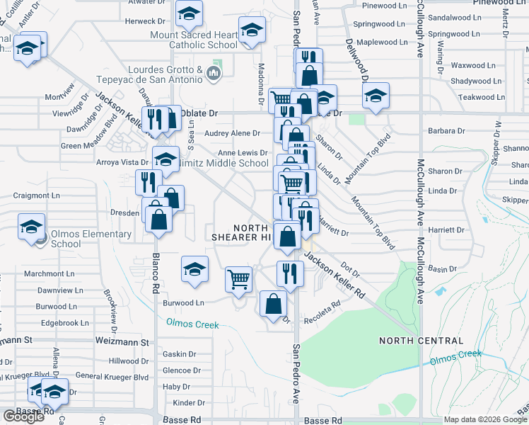 map of restaurants, bars, coffee shops, grocery stores, and more near 110 Grotto Boulevard in San Antonio