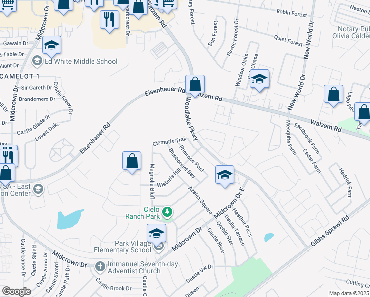 map of restaurants, bars, coffee shops, grocery stores, and more near 7422 Primrose Post in San Antonio