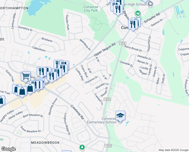 map of restaurants, bars, coffee shops, grocery stores, and more near 8815 Pensive Drive in Converse