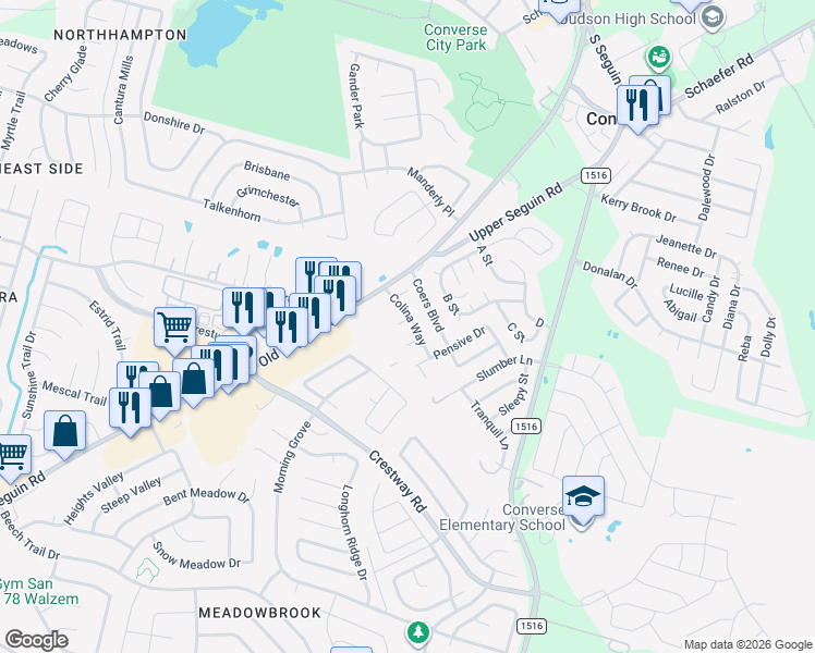 map of restaurants, bars, coffee shops, grocery stores, and more near 8702 Vista De Nubes in Converse