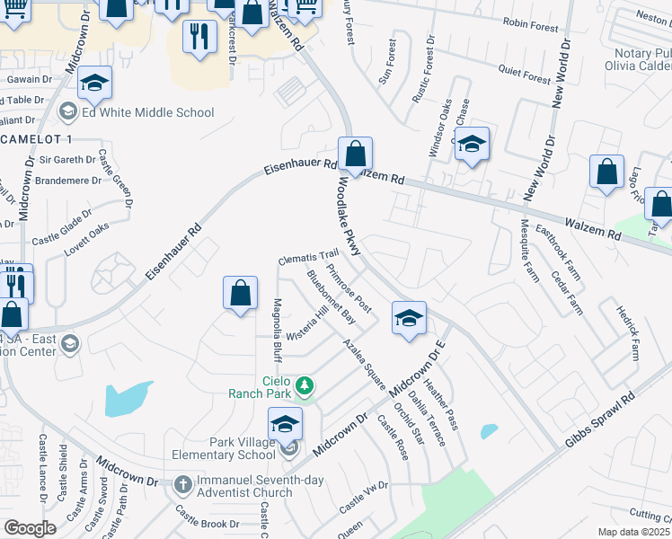 map of restaurants, bars, coffee shops, grocery stores, and more near 7422 Primrose Post in San Antonio