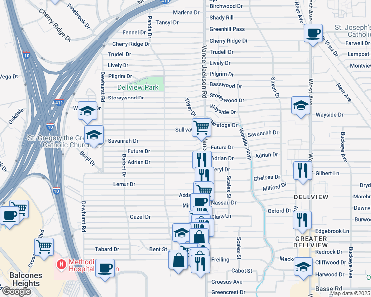 map of restaurants, bars, coffee shops, grocery stores, and more near 331 Future Drive in San Antonio