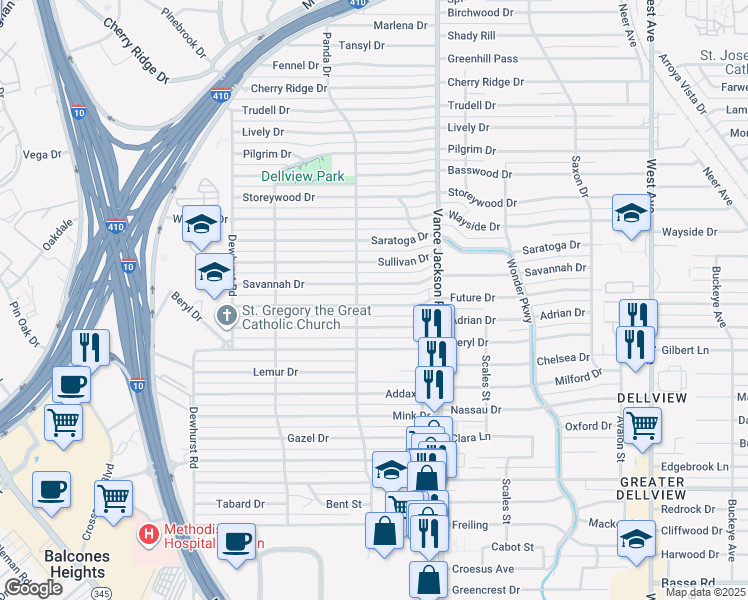 map of restaurants, bars, coffee shops, grocery stores, and more near 363 Future Drive in San Antonio