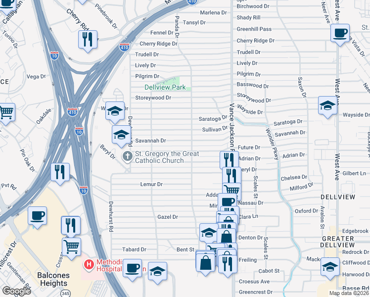 map of restaurants, bars, coffee shops, grocery stores, and more near 415 Future Drive in San Antonio