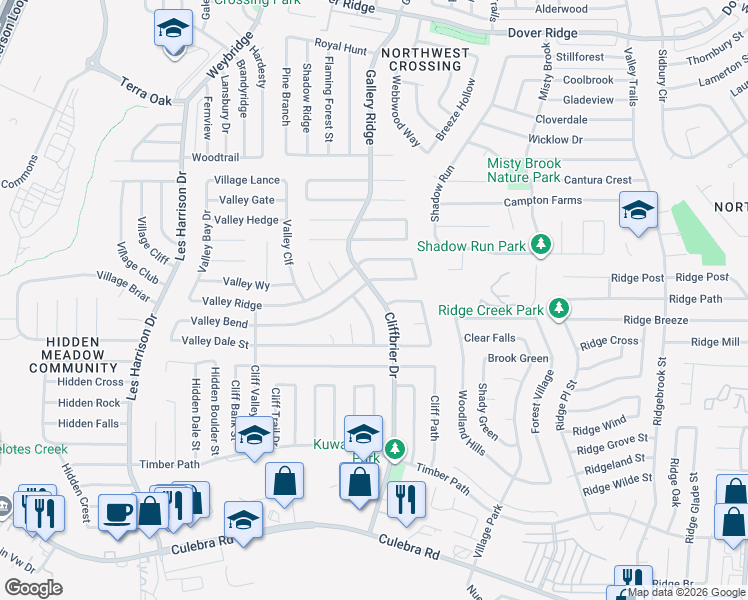 map of restaurants, bars, coffee shops, grocery stores, and more near 5938 Valley Branch Street in San Antonio