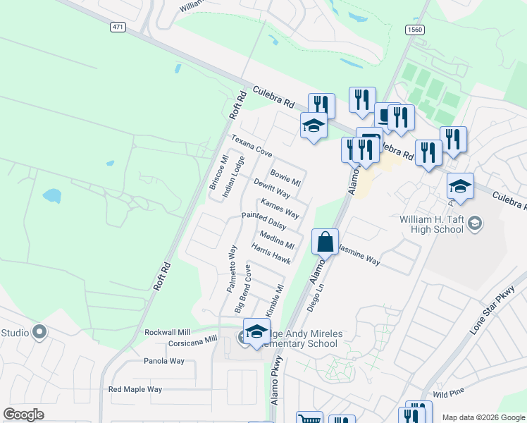 map of restaurants, bars, coffee shops, grocery stores, and more near 12243 Painted Daisy in San Antonio