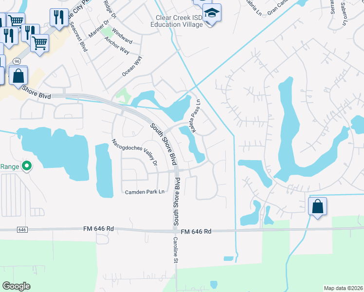 map of restaurants, bars, coffee shops, grocery stores, and more near 3102 Cedar Valley Ct. in League City