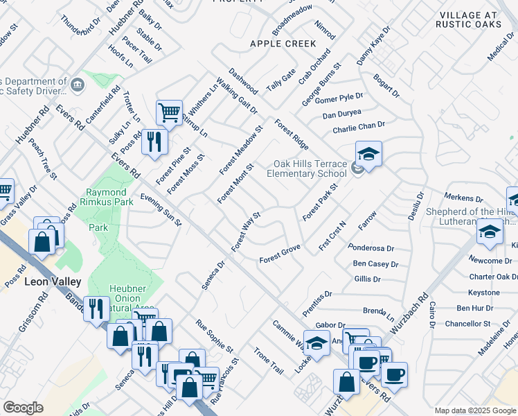 map of restaurants, bars, coffee shops, grocery stores, and more near 6102 Forest Timber Street in San Antonio