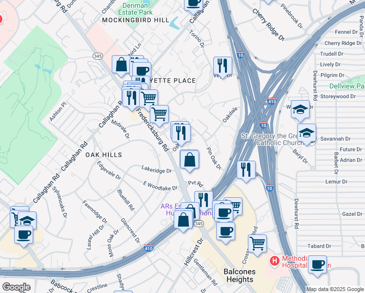 map of restaurants, bars, coffee shops, grocery stores, and more near 7106 Oaklawn Drive in San Antonio