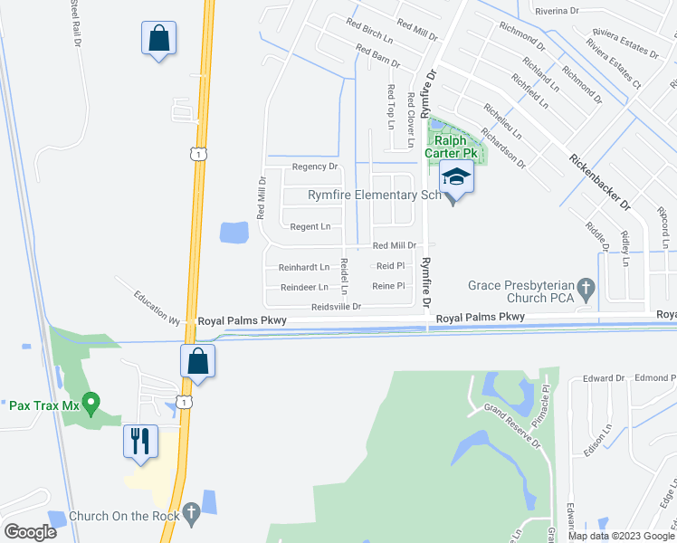 map of restaurants, bars, coffee shops, grocery stores, and more near 1 Reinhardt Lane in Palm Coast