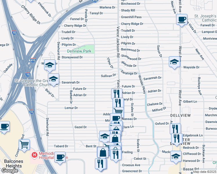 map of restaurants, bars, coffee shops, grocery stores, and more near 331 Future Drive in San Antonio