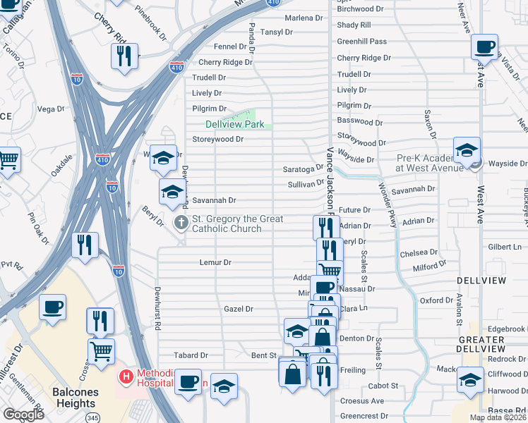 map of restaurants, bars, coffee shops, grocery stores, and more near 415 Future Drive in San Antonio