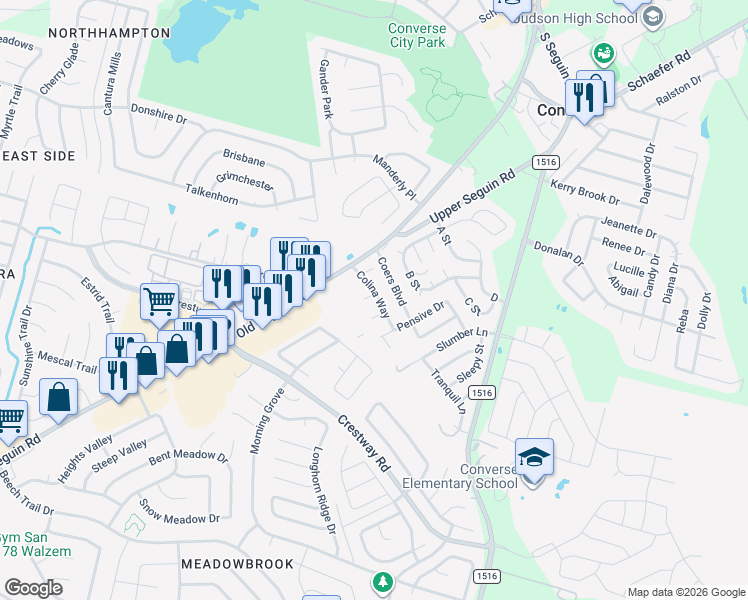 map of restaurants, bars, coffee shops, grocery stores, and more near 8702 Vista De Nubes in Converse