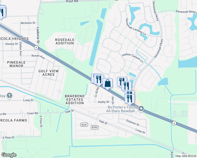 map of restaurants, bars, coffee shops, grocery stores, and more near 14214 Rolling Hills Lane in Rosharon