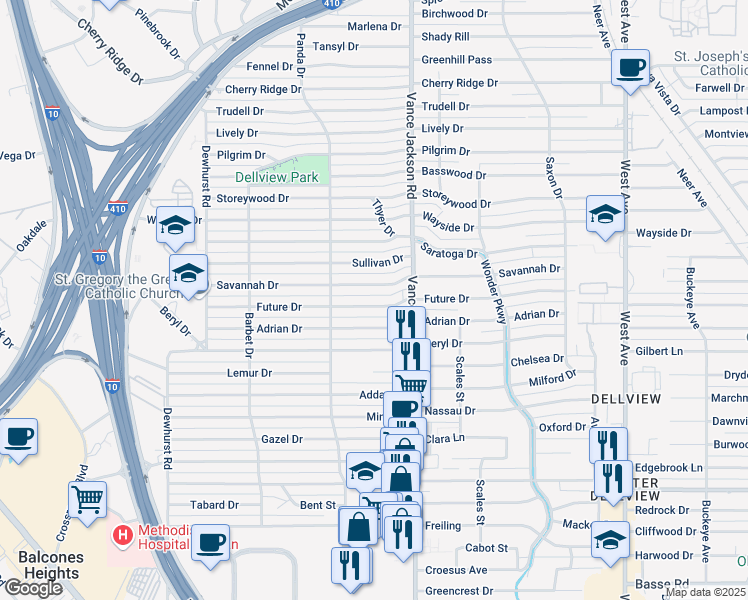 map of restaurants, bars, coffee shops, grocery stores, and more near 331 Future Drive in San Antonio