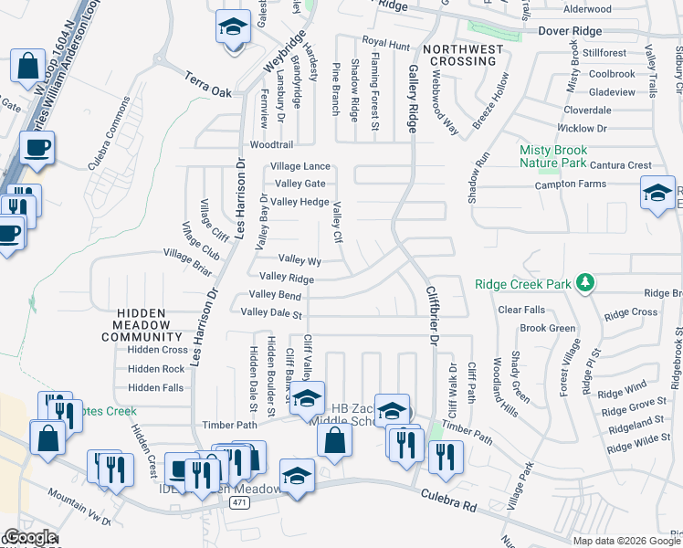 map of restaurants, bars, coffee shops, grocery stores, and more near 9311 Valley Ridge in San Antonio