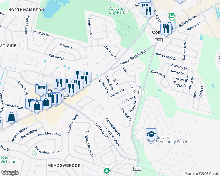 map of restaurants, bars, coffee shops, grocery stores, and more near 7402 Coers Boulevard in Converse