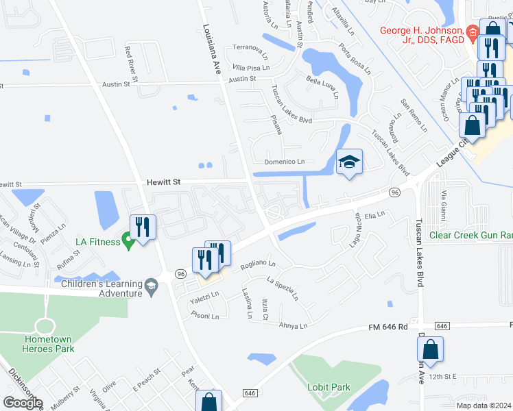 map of restaurants, bars, coffee shops, grocery stores, and more near 1456 Louisiana Avenue in League City