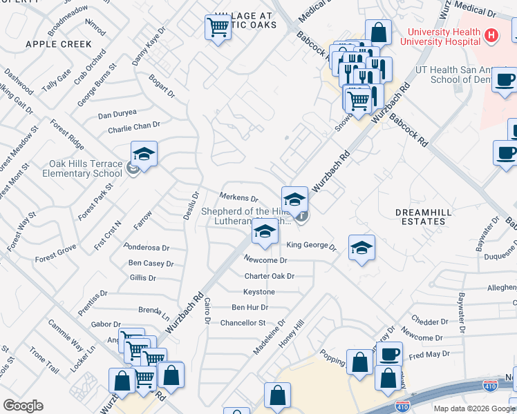 map of restaurants, bars, coffee shops, grocery stores, and more near 5518 Merkens Drive in San Antonio
