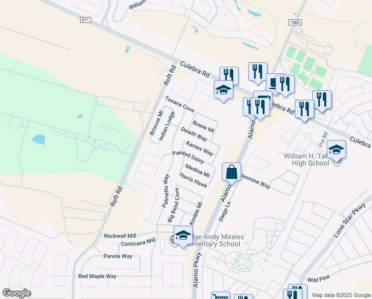 map of restaurants, bars, coffee shops, grocery stores, and more near 12243 Painted Daisy in San Antonio