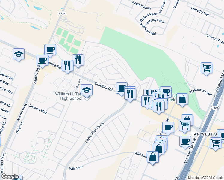 map of restaurants, bars, coffee shops, grocery stores, and more near 11550 Farm to Market Road 471 in San Antonio