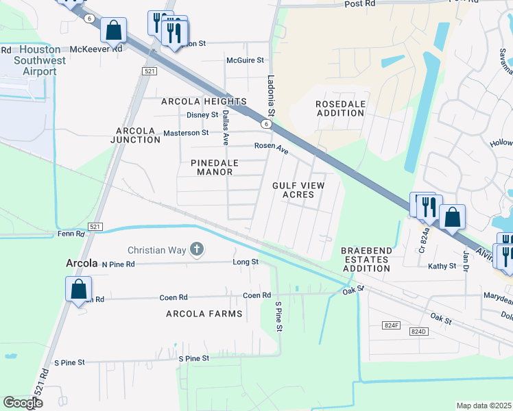 map of restaurants, bars, coffee shops, grocery stores, and more near 422 Rice Avenue in Rosharon
