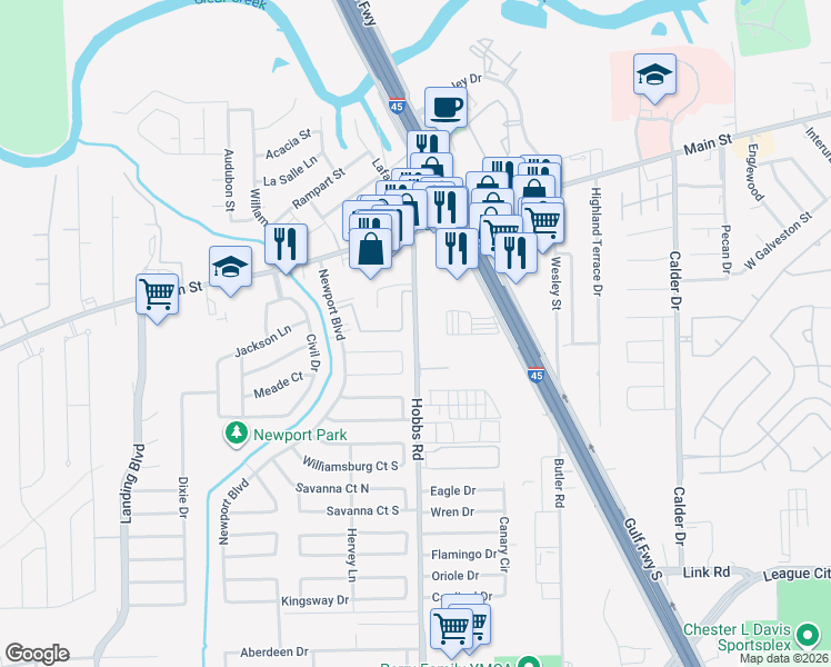 map of restaurants, bars, coffee shops, grocery stores, and more near 315 Hobbs Road in League City