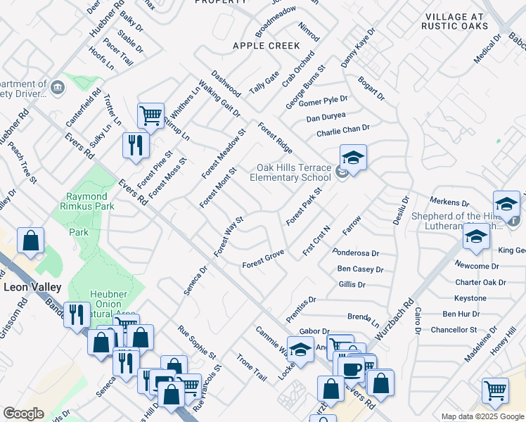 map of restaurants, bars, coffee shops, grocery stores, and more near Forest Way Street in Leon Valley