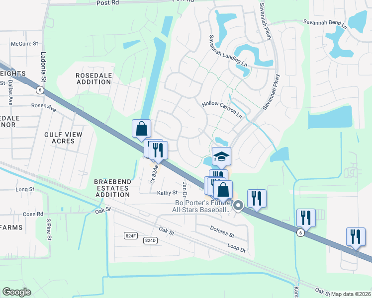map of restaurants, bars, coffee shops, grocery stores, and more near 5713 Windy Knoll Lane in Rosharon