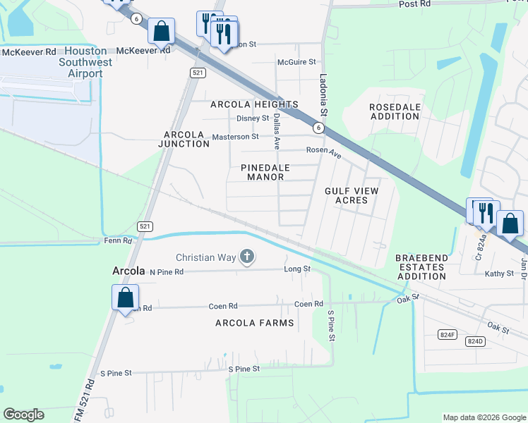 map of restaurants, bars, coffee shops, grocery stores, and more near 318 Rice Avenue in Rosharon