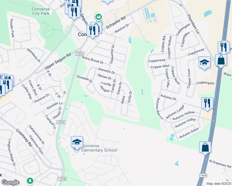 map of restaurants, bars, coffee shops, grocery stores, and more near 422 Diana Drive in Converse