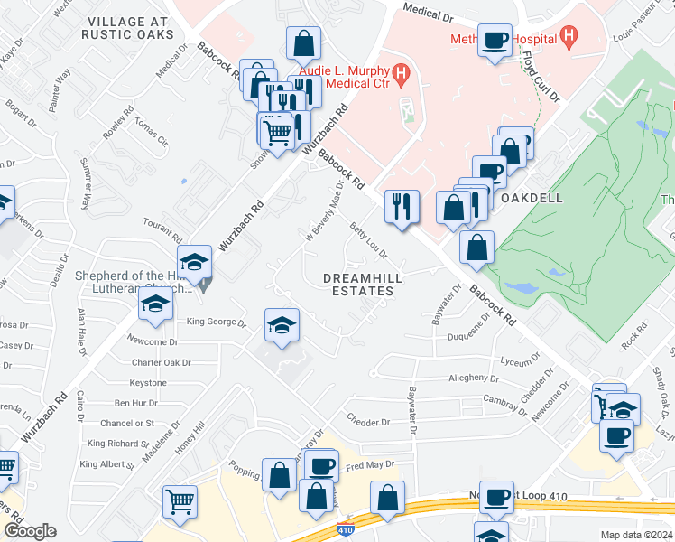 map of restaurants, bars, coffee shops, grocery stores, and more near 6947 Dorothy Louise Drive in San Antonio