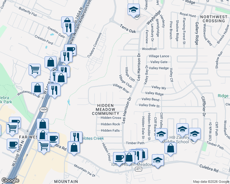 map of restaurants, bars, coffee shops, grocery stores, and more near 6204 Village Point in San Antonio