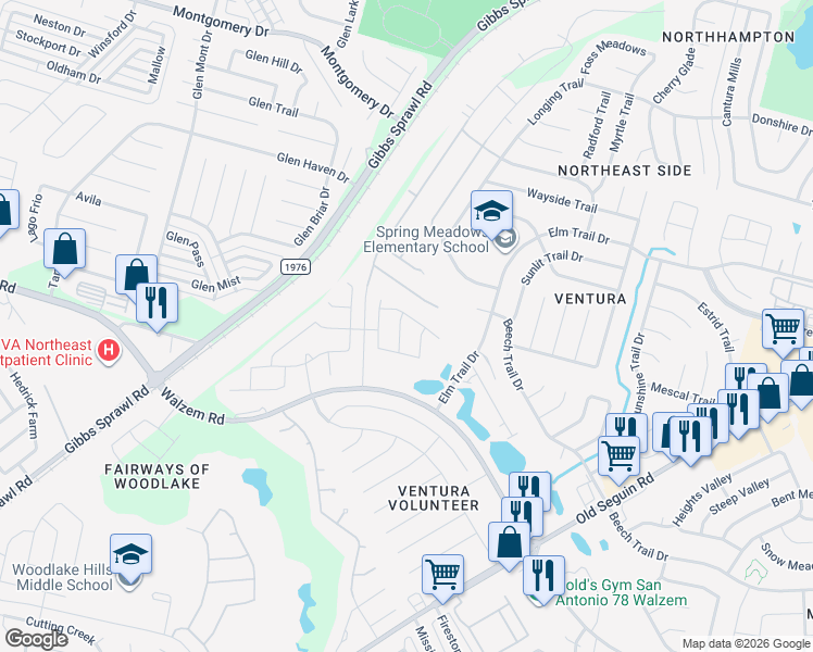 map of restaurants, bars, coffee shops, grocery stores, and more near 7315 Barlow Grove in San Antonio