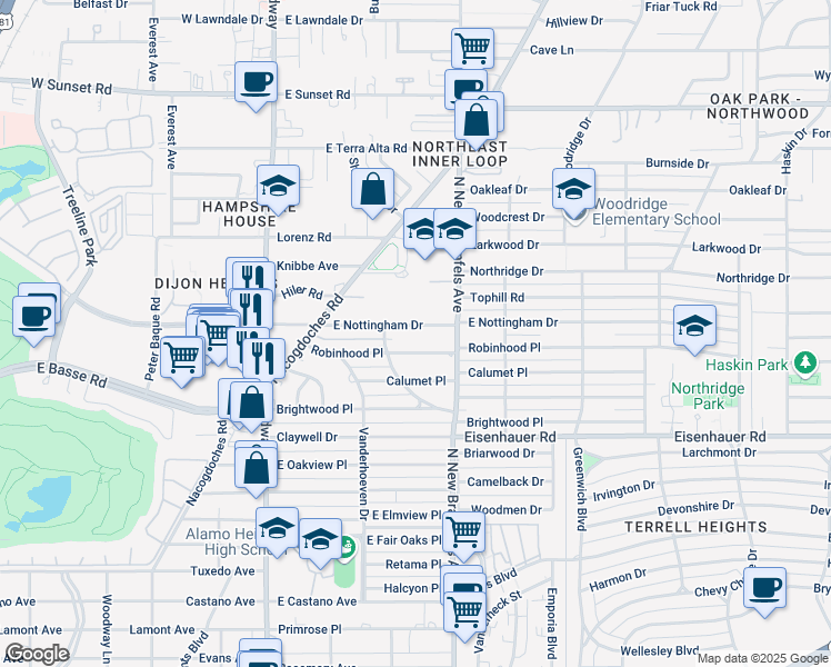 map of restaurants, bars, coffee shops, grocery stores, and more near 306 East Nottingham Drive in San Antonio