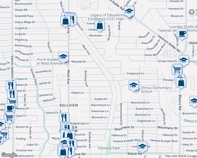 map of restaurants, bars, coffee shops, grocery stores, and more near 443 Dresden Drive in San Antonio