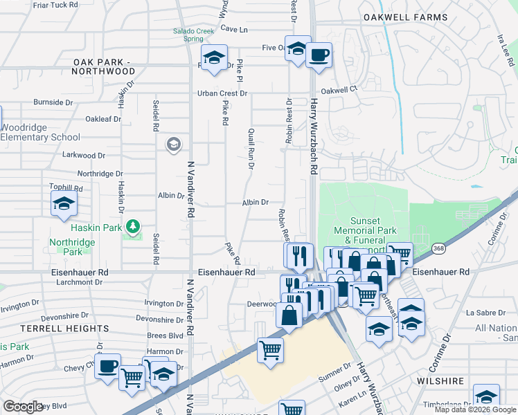 map of restaurants, bars, coffee shops, grocery stores, and more near 3215 Bent Bow Drive in San Antonio